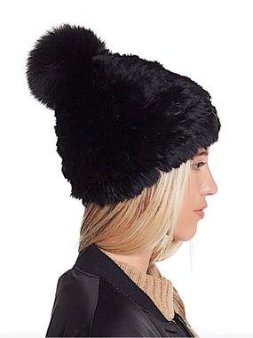 Karin Charles Rabbit Fur Beanie Hat Winter Black Pom